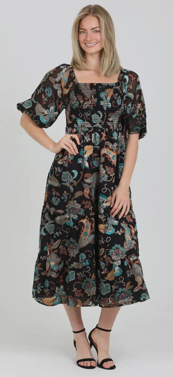 Smocked Bodice Floral Printed Dress