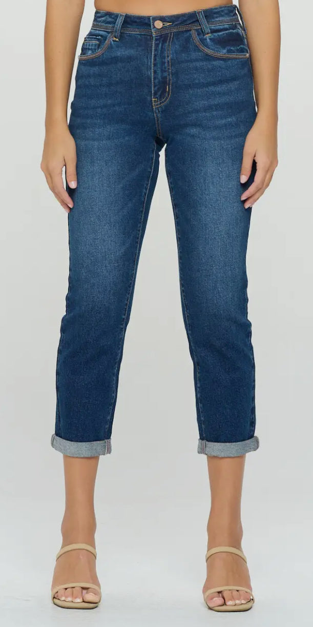 Mid Rise Dark Wash Roll Up Jeans