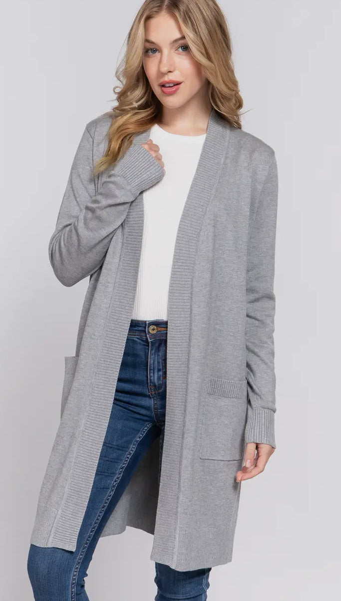 Grey Long Sleeve Rib Banded Pocket Cardigan