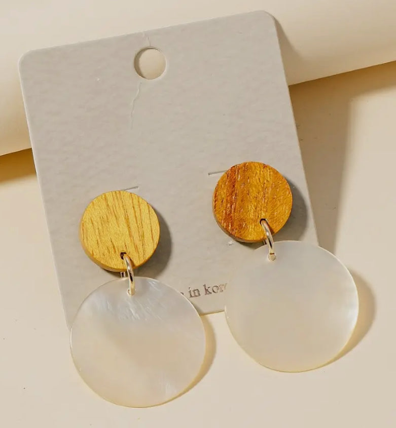 Wood And Shell Disc Dangle Earrings