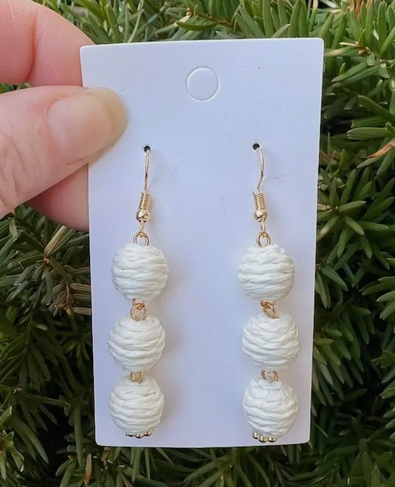 Cream White Ivory Rattan Raffia Ball Earrings