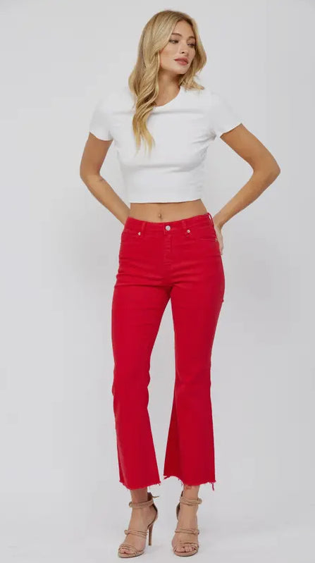 High Rise Red Ankle Flare Jeans