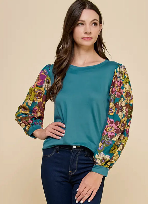 Solid Floral Printed Sleeve Top