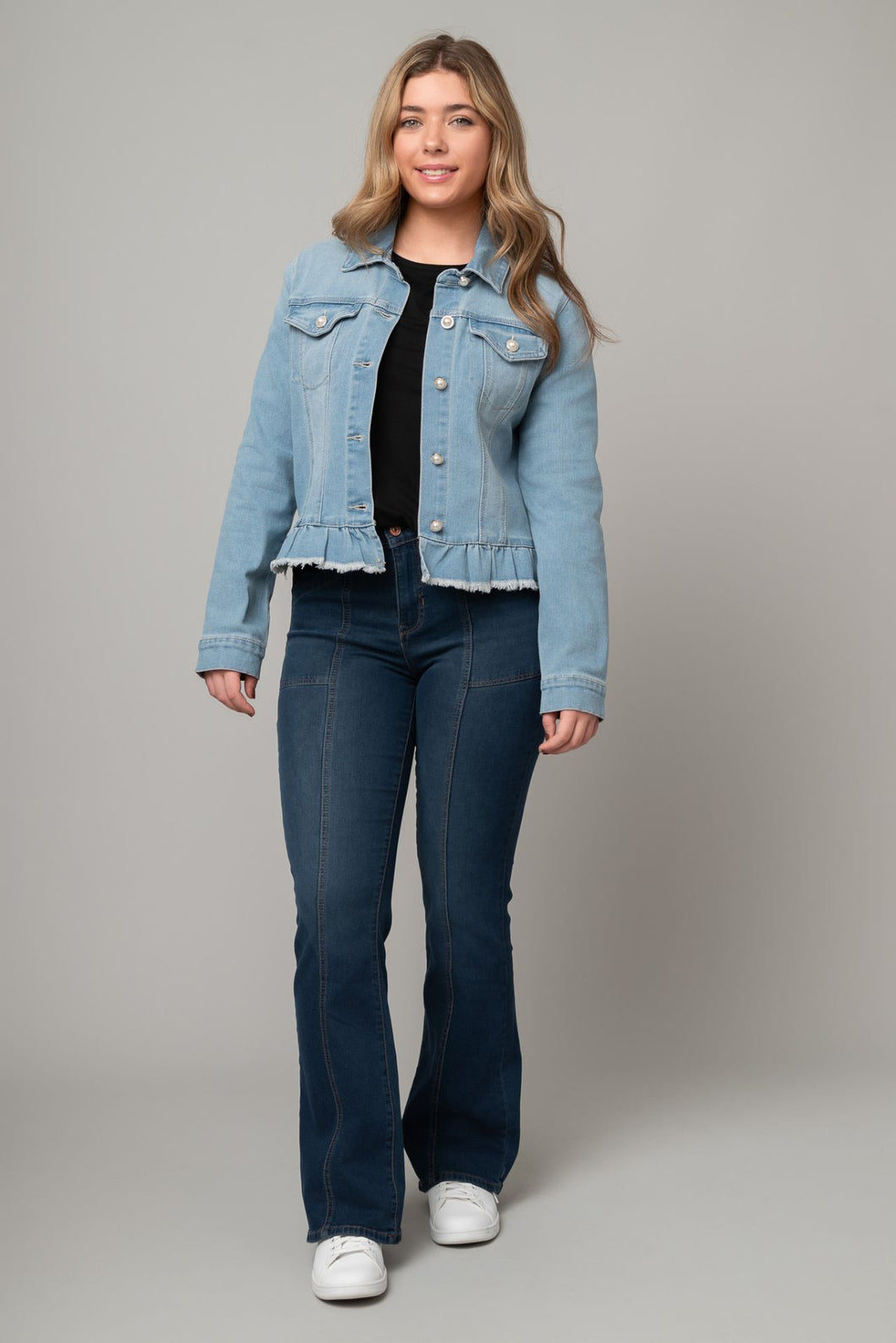 Peplum Hem Pearl Button Jean Jacket