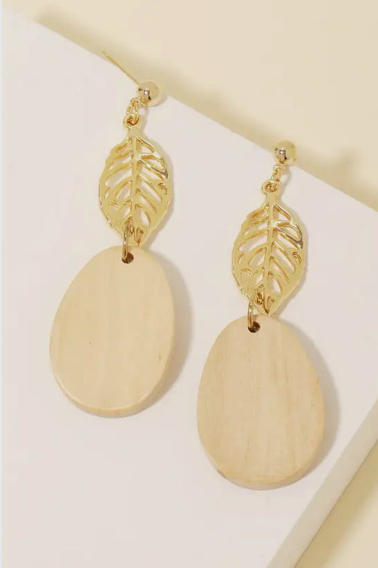 Leaf Wooden Oval Drop Earrings