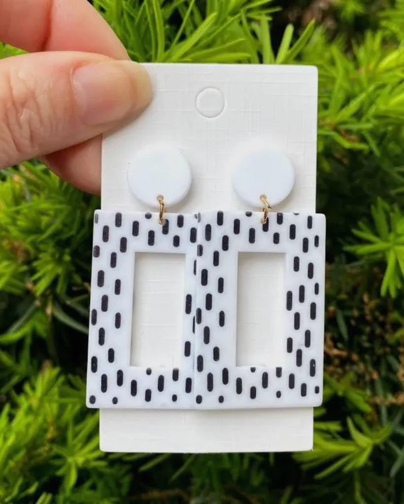 Dash Black White Rectangle Acrylic Statement Earrings