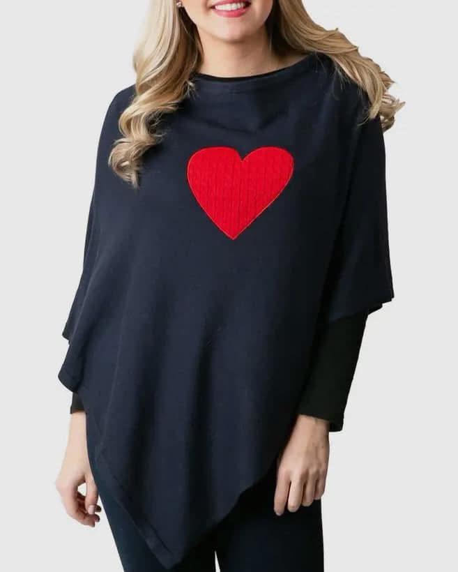 Navy Cable Knit Red Heart Poncho