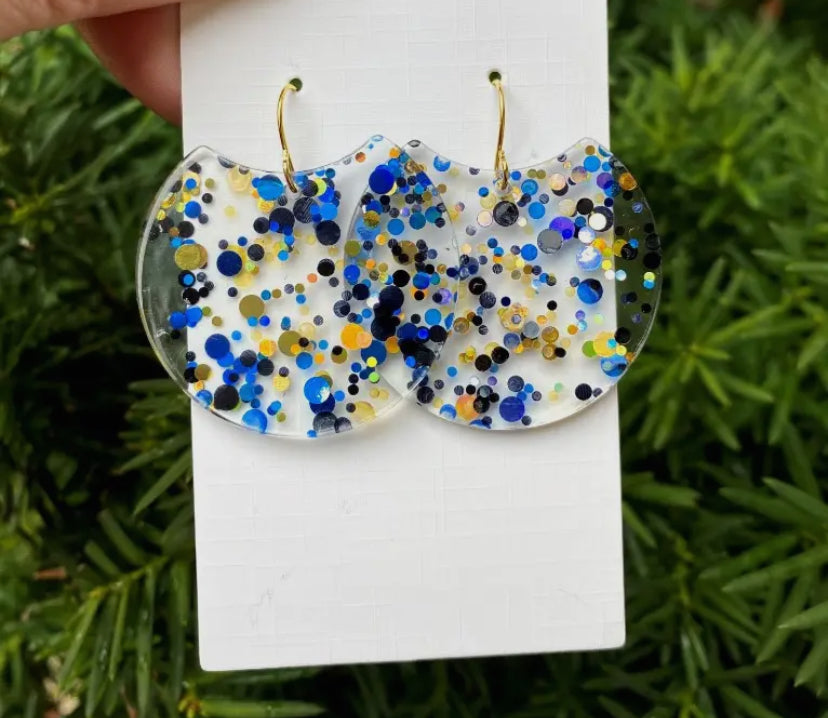 Gold Blue Glitter Sparkle Acrylic Crescent Earrings