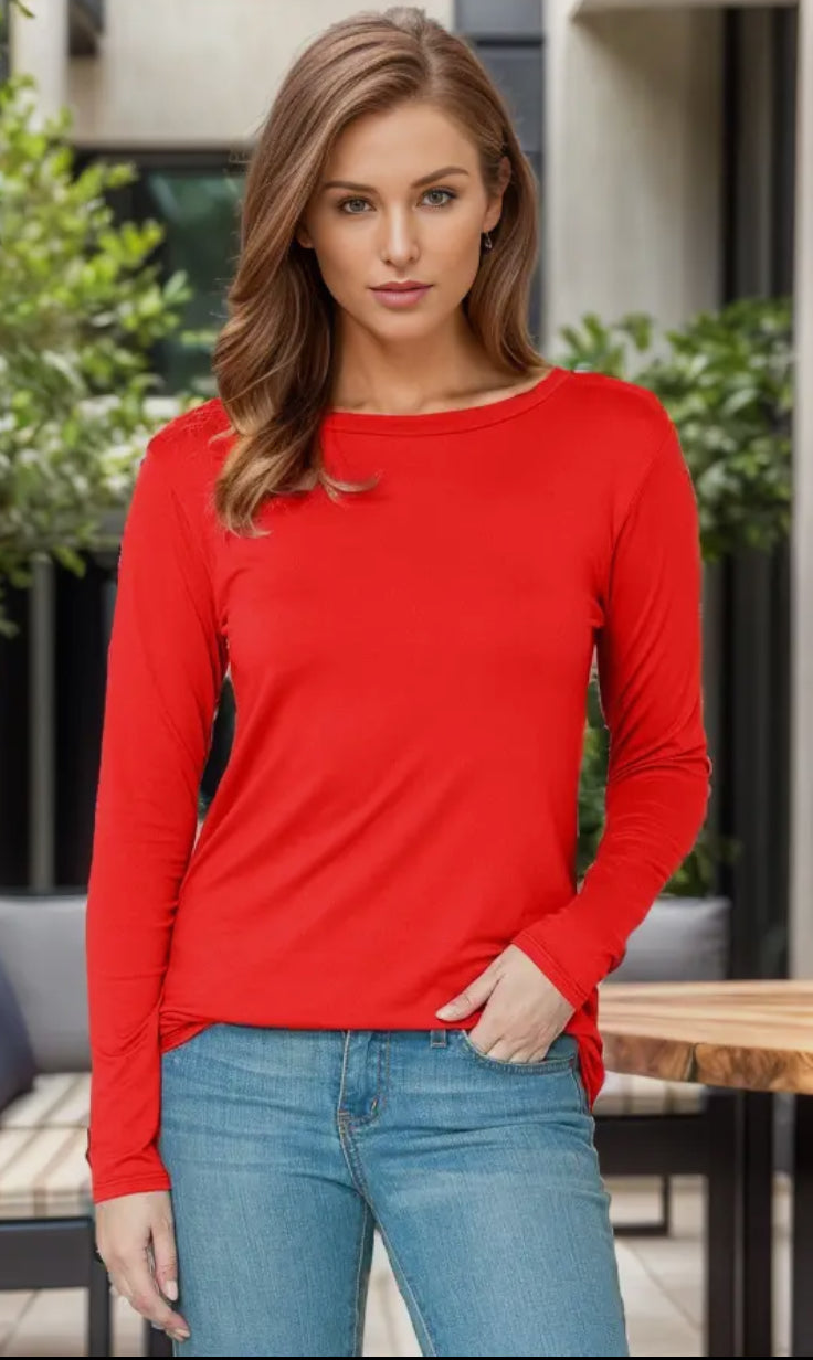 Red Rounded Bottom Solid Long Sleeve Top