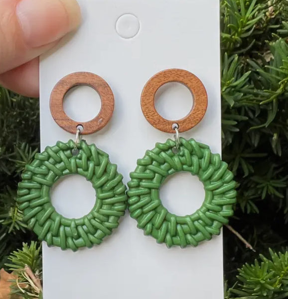 Green Wood Double Disc Rattan Statement Earrings