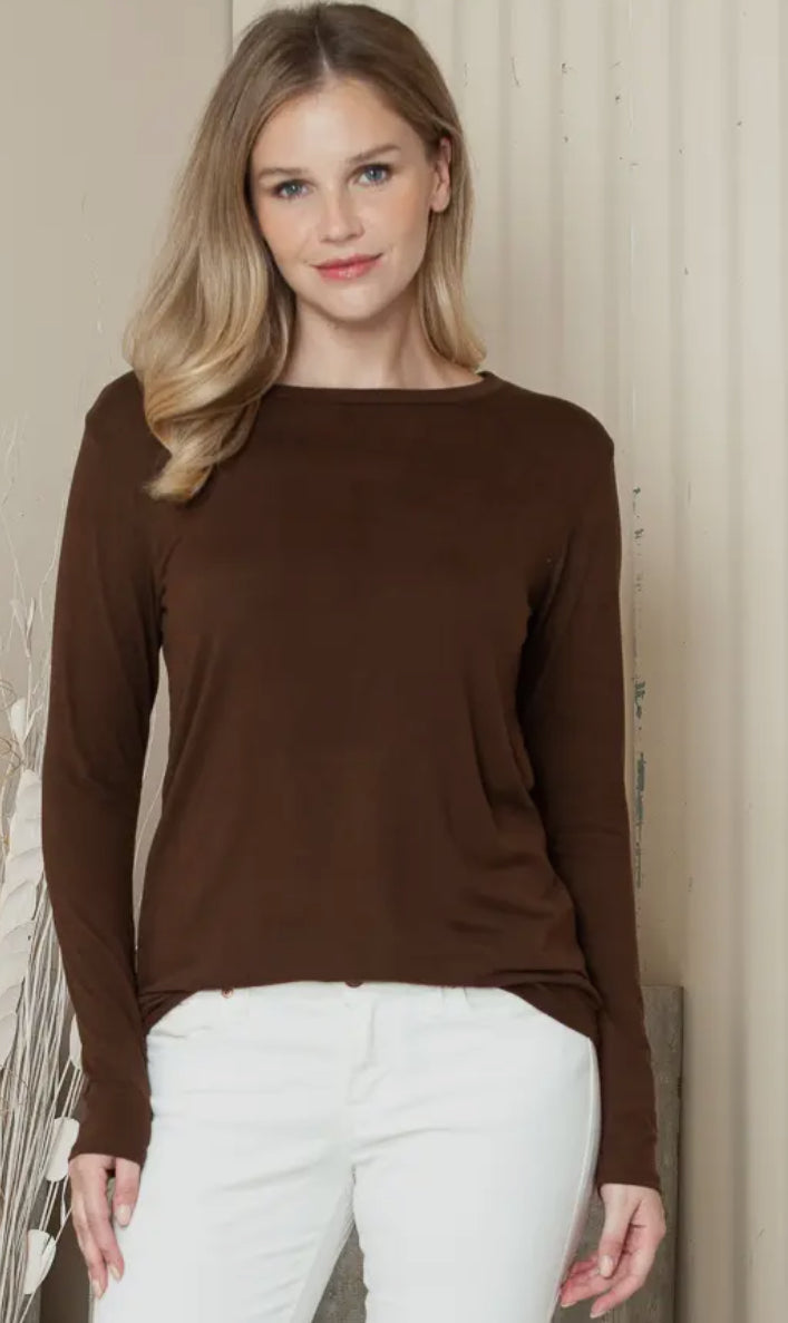 Brown Rounded Bottom Solid Long Sleeve Top