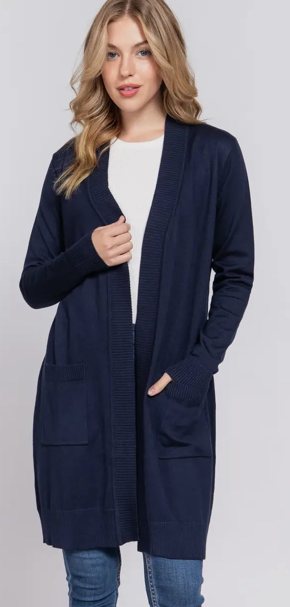 Navy Long Sleeve Rib Banded Pocket Cardigan