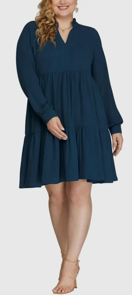 Plus Size Long Sleeve Woven Neck Tiered Dress