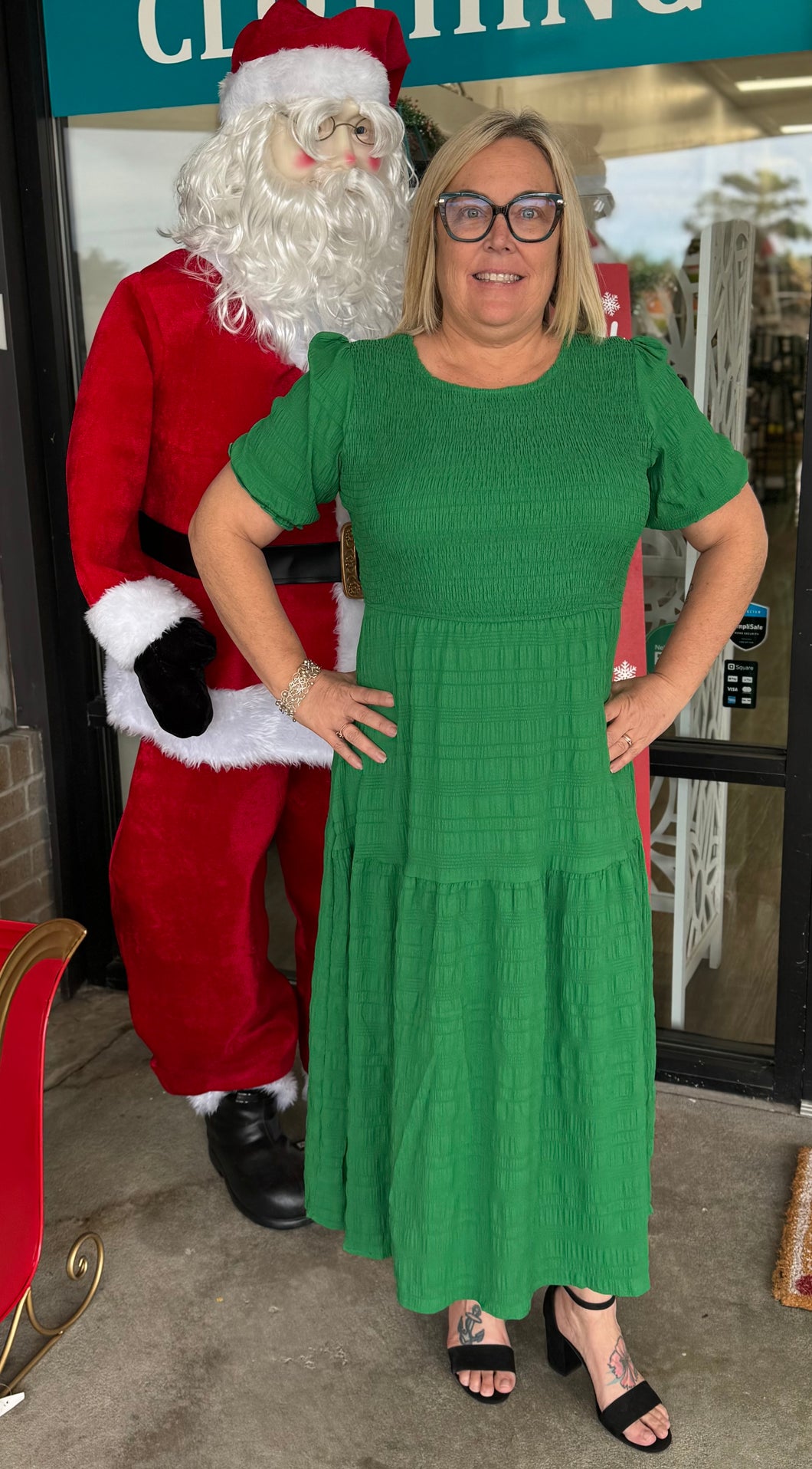 Green Smocked Textured Tiered Dress