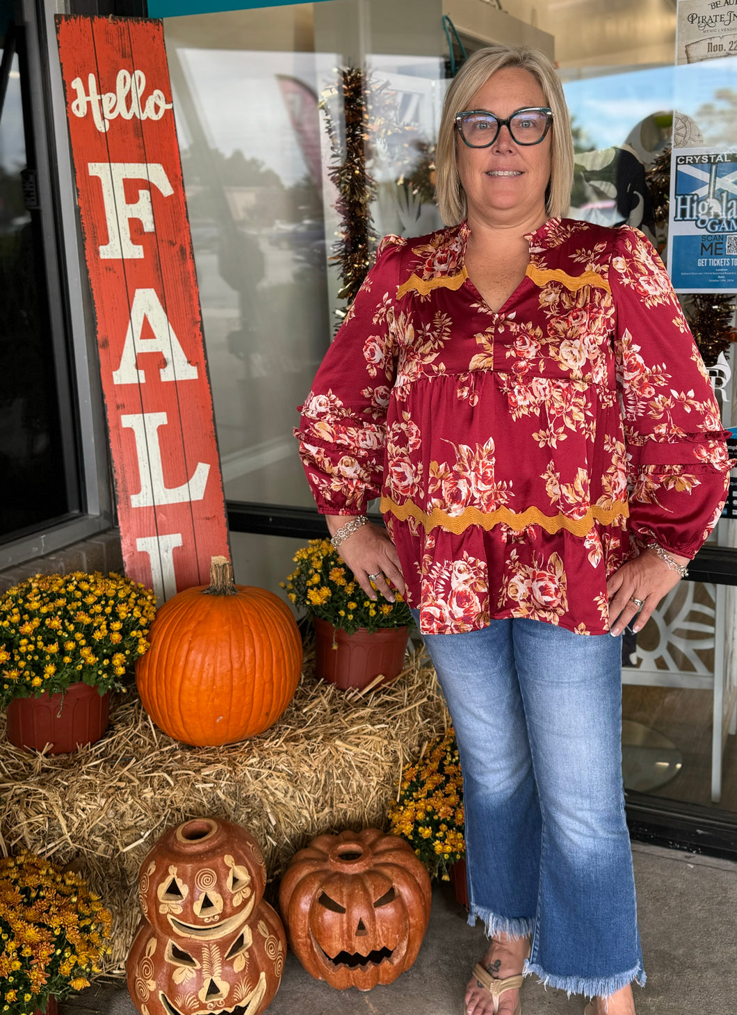 Satin Floral Print Top with Ric Rac Trim