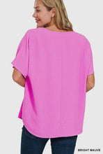 Load image into Gallery viewer, Bright Mauve Woven Airflow V-Neck Short Sleeve Top
