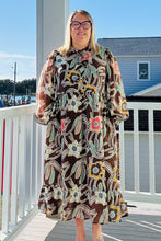 Load image into Gallery viewer, Brown Floral print midi dress with frilled neck
