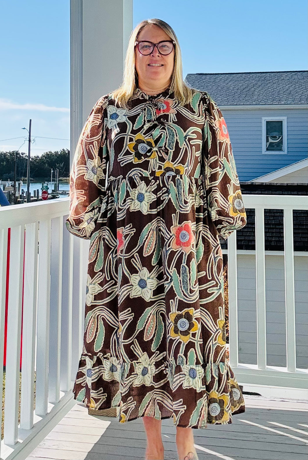 Brown Floral print midi dress with frilled neck