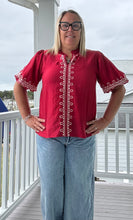 Load image into Gallery viewer, Solid Embroidered Short Sleeve Blouse Red
