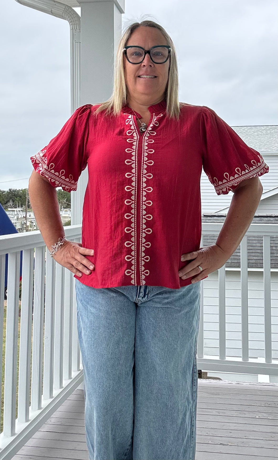 Solid Embroidered Short Sleeve Blouse Red