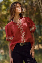 Load image into Gallery viewer, Solid Embroidered Short Sleeve Blouse Red
