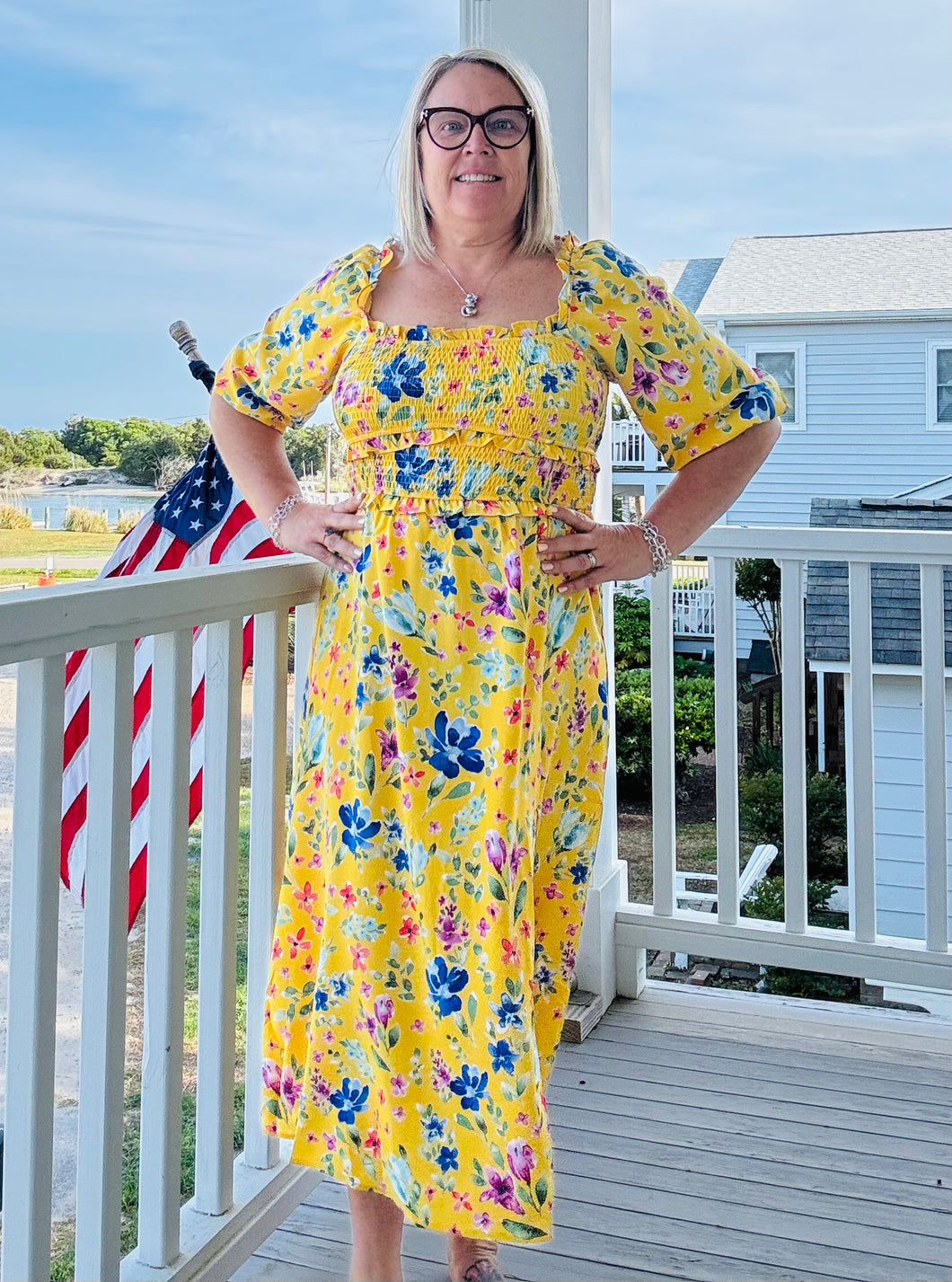Floral Print 3/4 Puff Sleeve Smocked Detail Maxi Dress