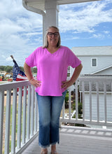 Load image into Gallery viewer, Bright Mauve Woven Airflow V-Neck Short Sleeve Top
