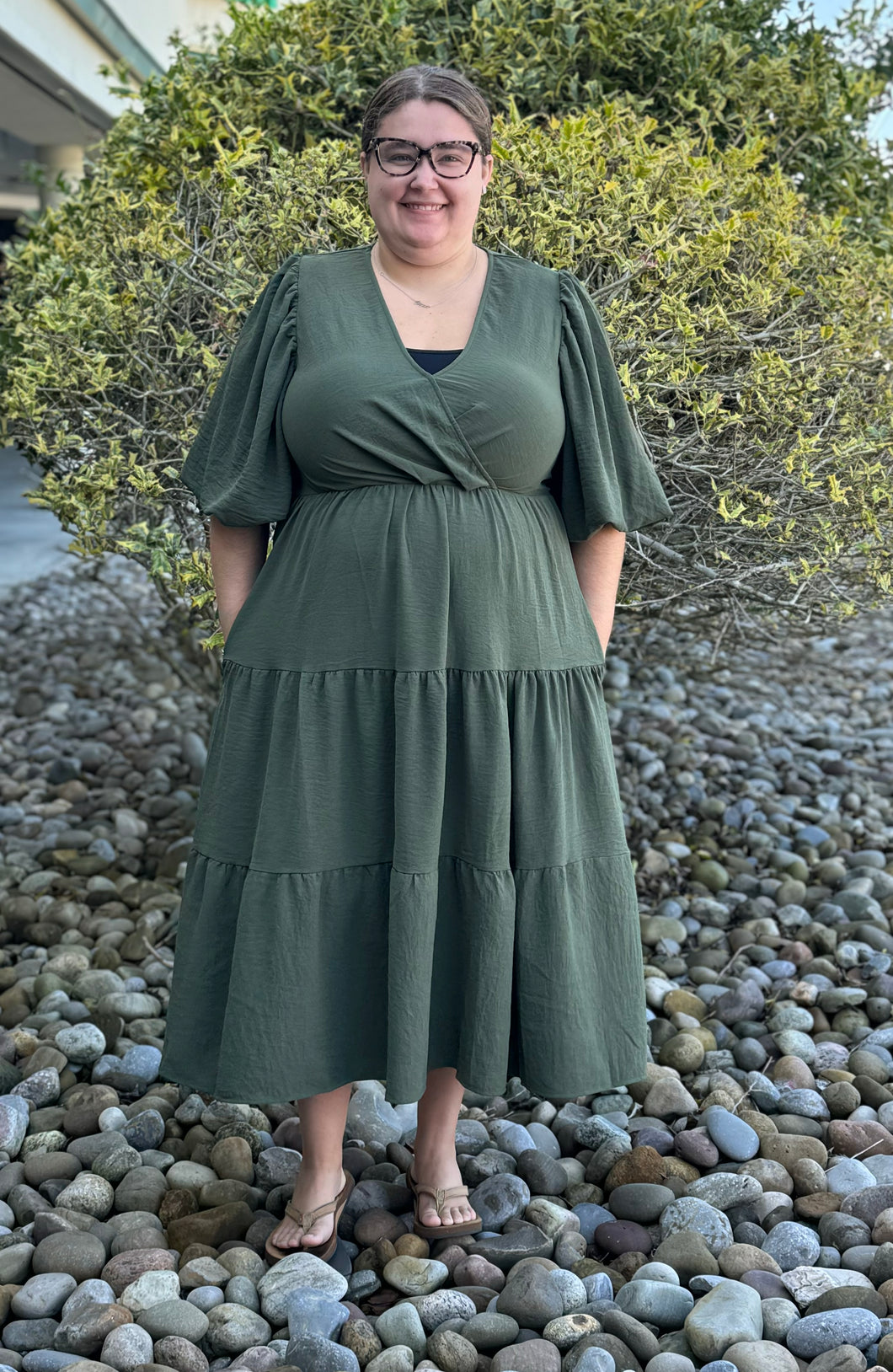 Plus Size Balloon Sleeve Tiered Wrap Dress