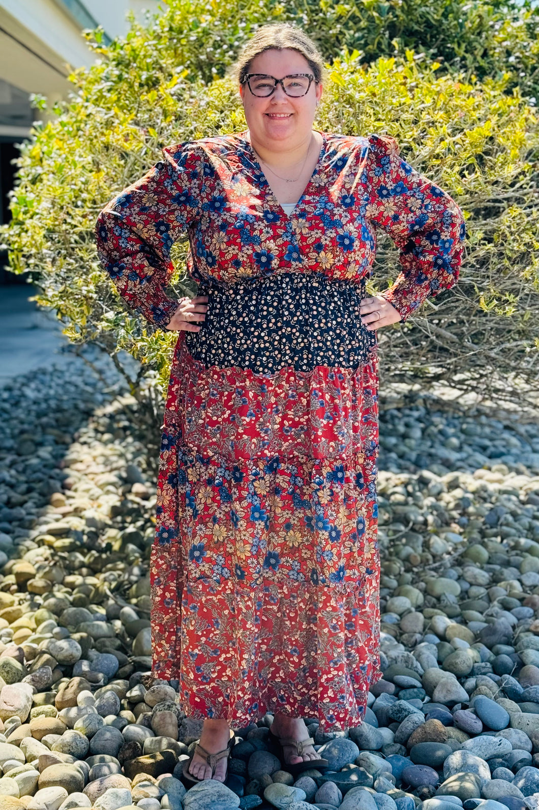 Plus Size V-Neck Floral Print Midi Dress