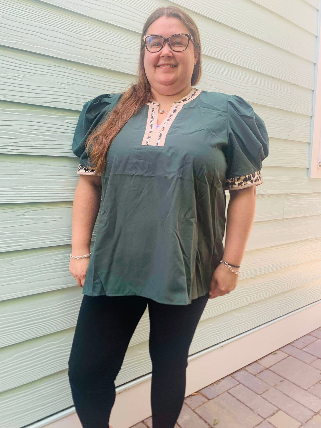 Heather Green Plus Top With Leopard Print Accent Neck