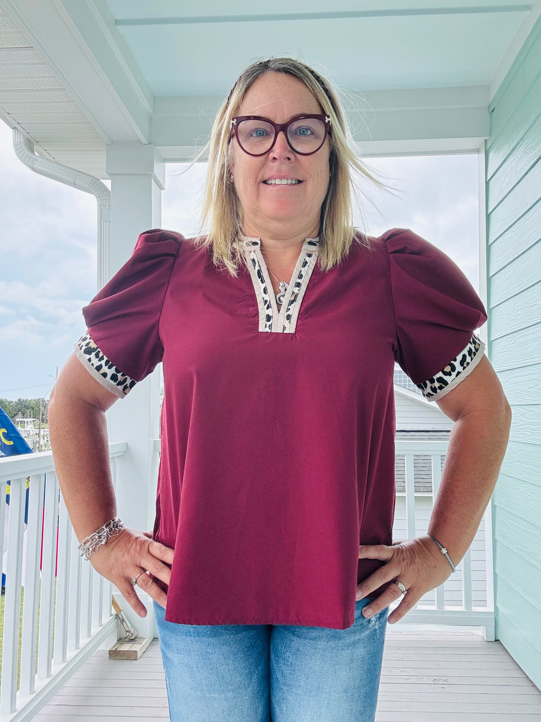 Merlot Top With Leopard Print Accent Neck