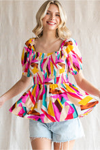 Load image into Gallery viewer, Smocked Print peplum bubble sleeves top
