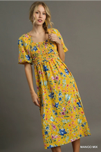 Load image into Gallery viewer, Floral Print 3/4 Puff Sleeve Smocked Detail Maxi Dress
