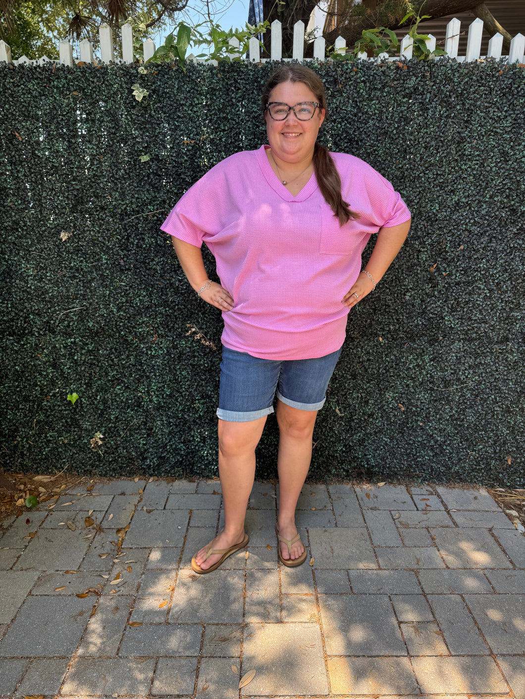 Plus Waffle V Neck Top Magenta Glow