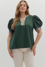 Load image into Gallery viewer, Heather Green Plus Top With Leopard Print Accent Neck
