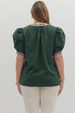 Load image into Gallery viewer, Heather Green Plus Top With Leopard Print Accent Neck
