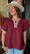 Load image into Gallery viewer, Merlot Top With Leopard Print Accent Neck

