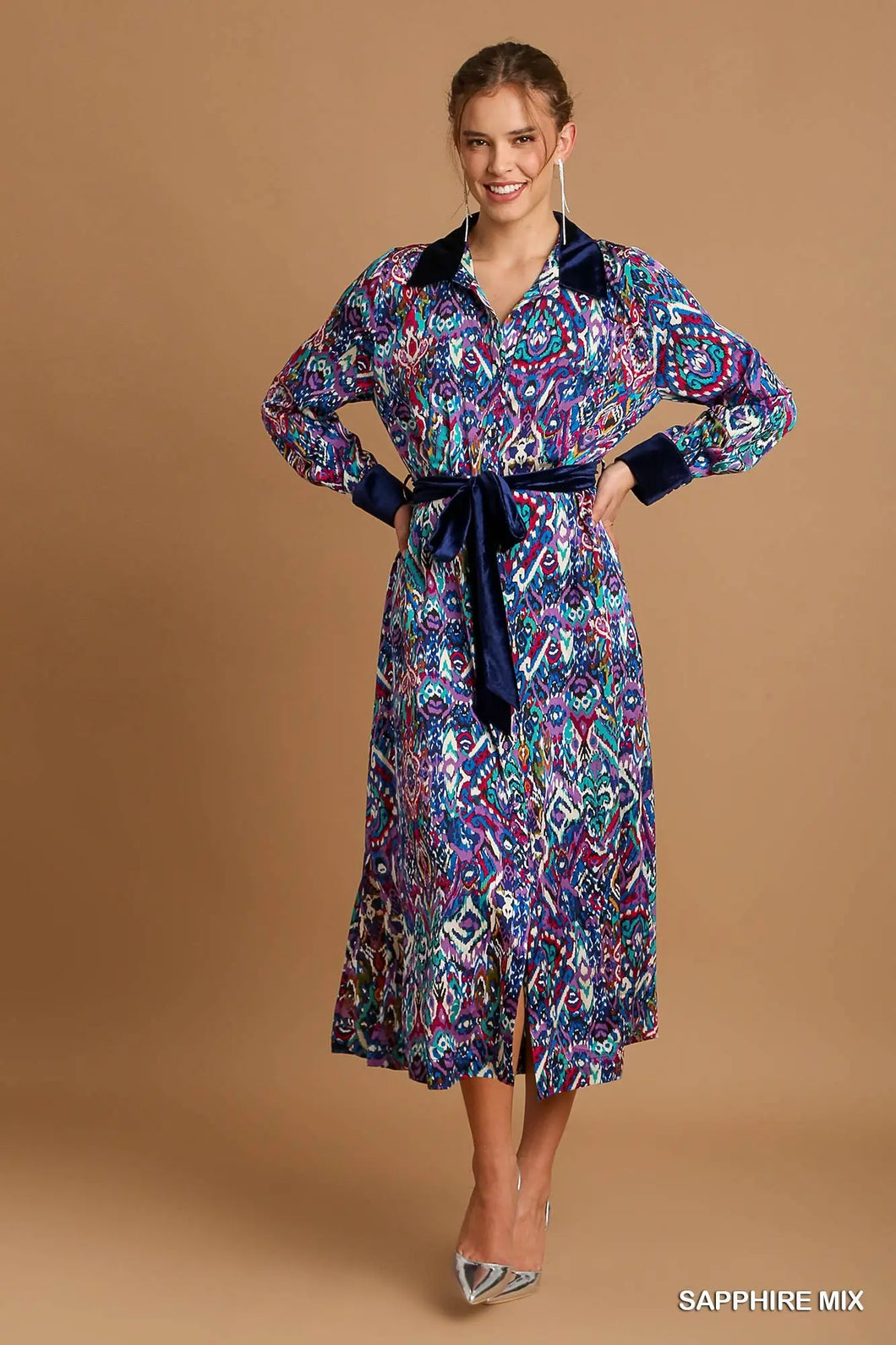 Aztec Printed Collared Button Down Midi Dress with Contrast Detail