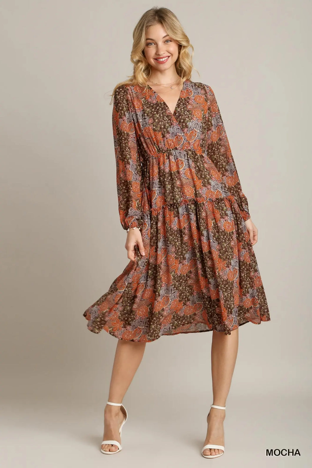 V-Neck Cross Over Long Sleeve Tiered Maxi Dress in Mocha