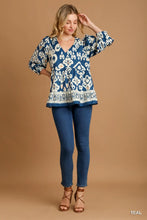 Load image into Gallery viewer, Aztec Printed V-Neck Top with Folded Detail Sleeve
