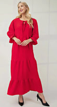 Load image into Gallery viewer, Red Textured Tiered Puff Sleeve Dress
