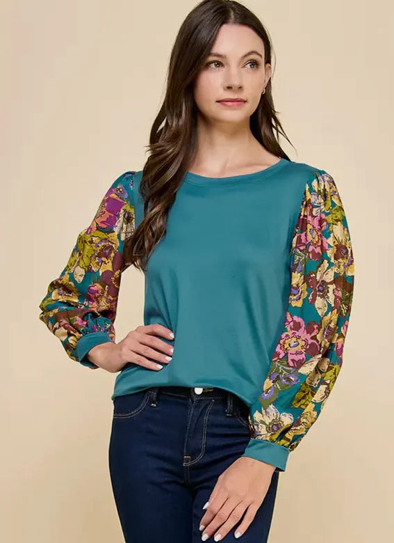 Solid Floral Printed Sleeve Top